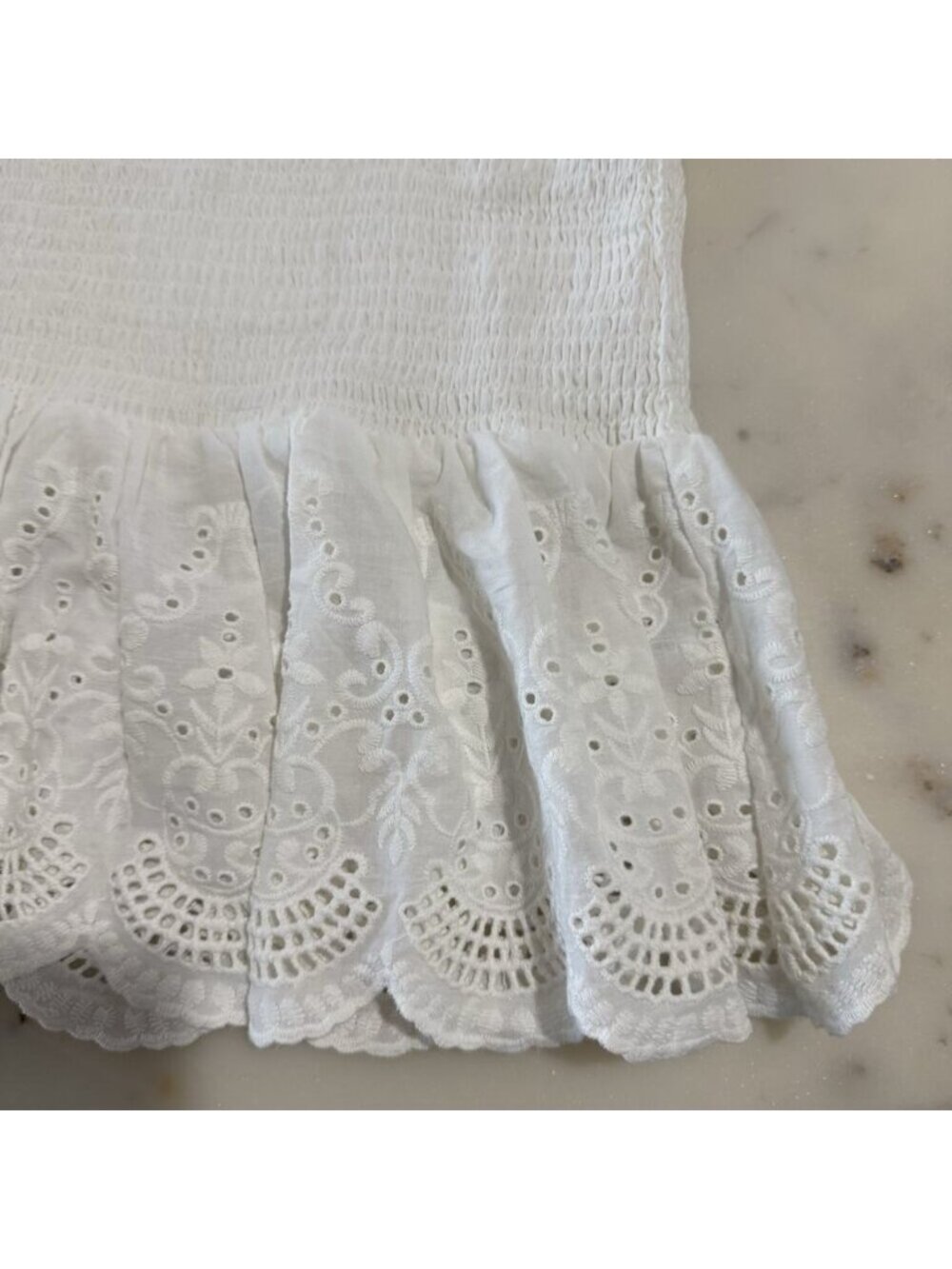 Size S Cotton White Eyelet Flutter Sleeves Smocked Peplum Top - Picture 5 of 5